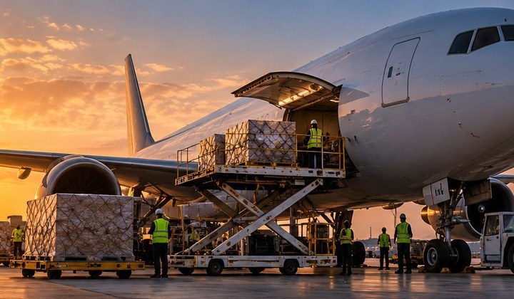 Air cargo aircraft being loaded at an airport