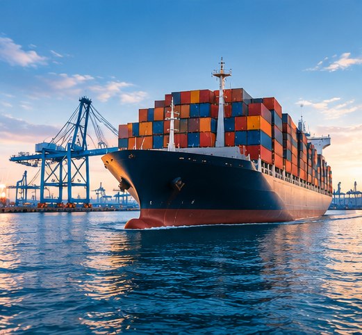 A container ship carrying international freight into a port