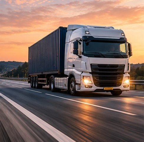 A freight truck transporting a container along a highway at sunset