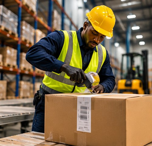A warehouse team member carefully preparing a parcel for dispatch